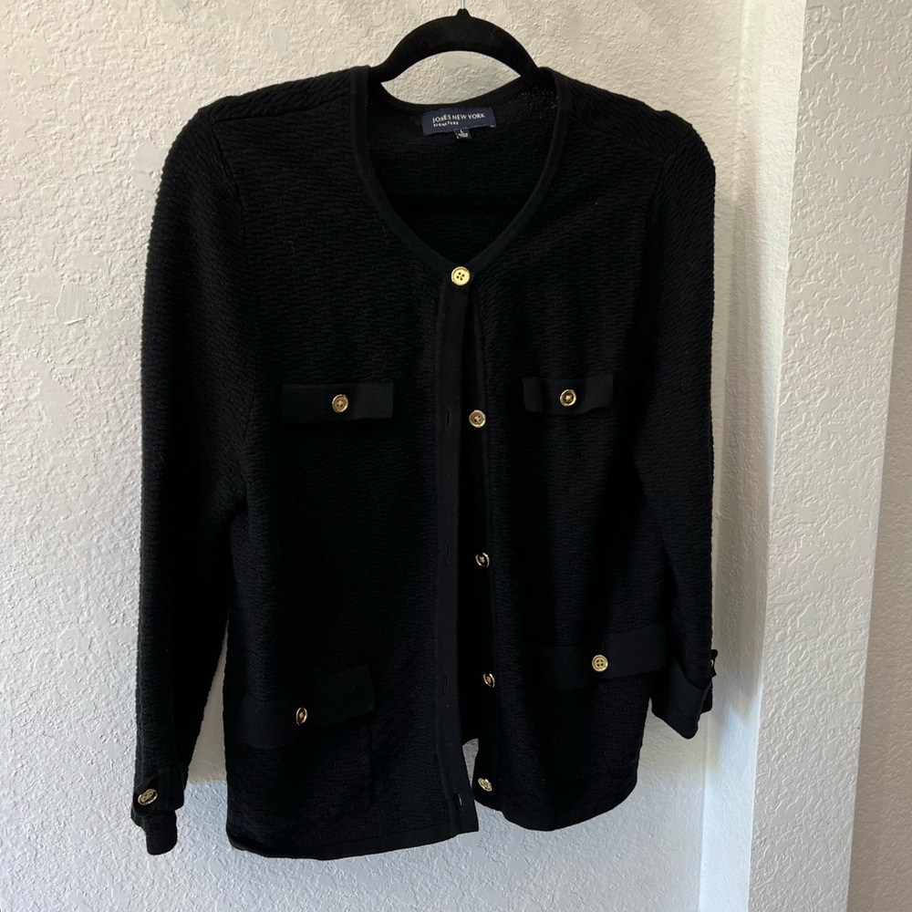 black cardigan with gold detail